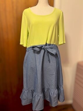 Nina Leonard Mixed Media Tiered Dress Yellow/Blue Chambray